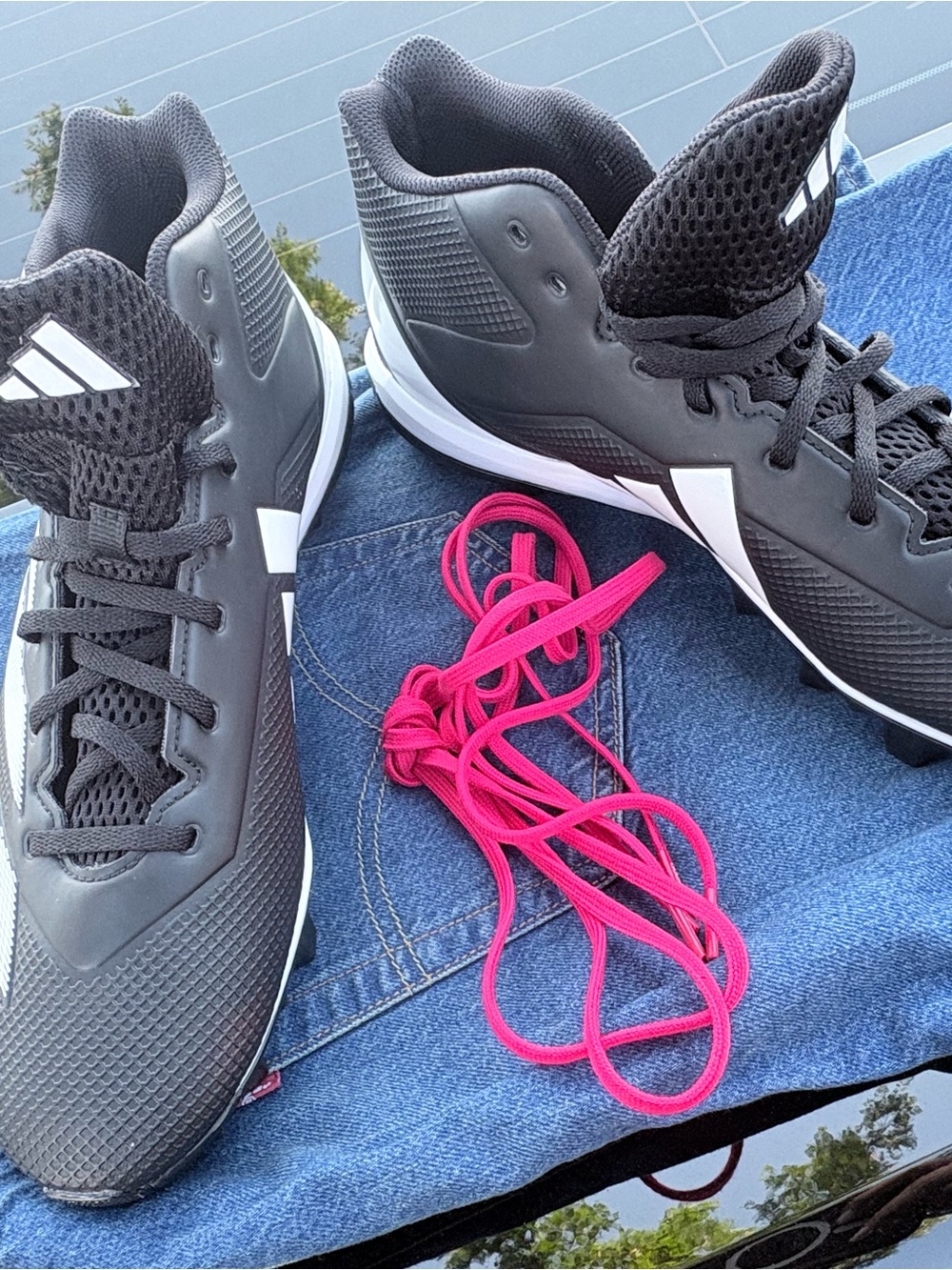 adidas Black and White High-Top Sneakers with Pink Laces